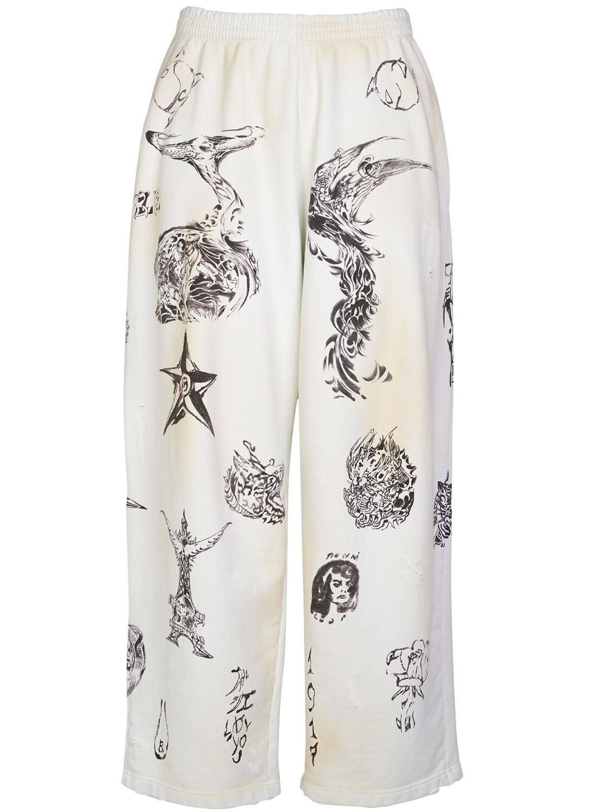 Balenciaga Wide-leg Printed Distressed Cotton-jersey Sweatpants In White
