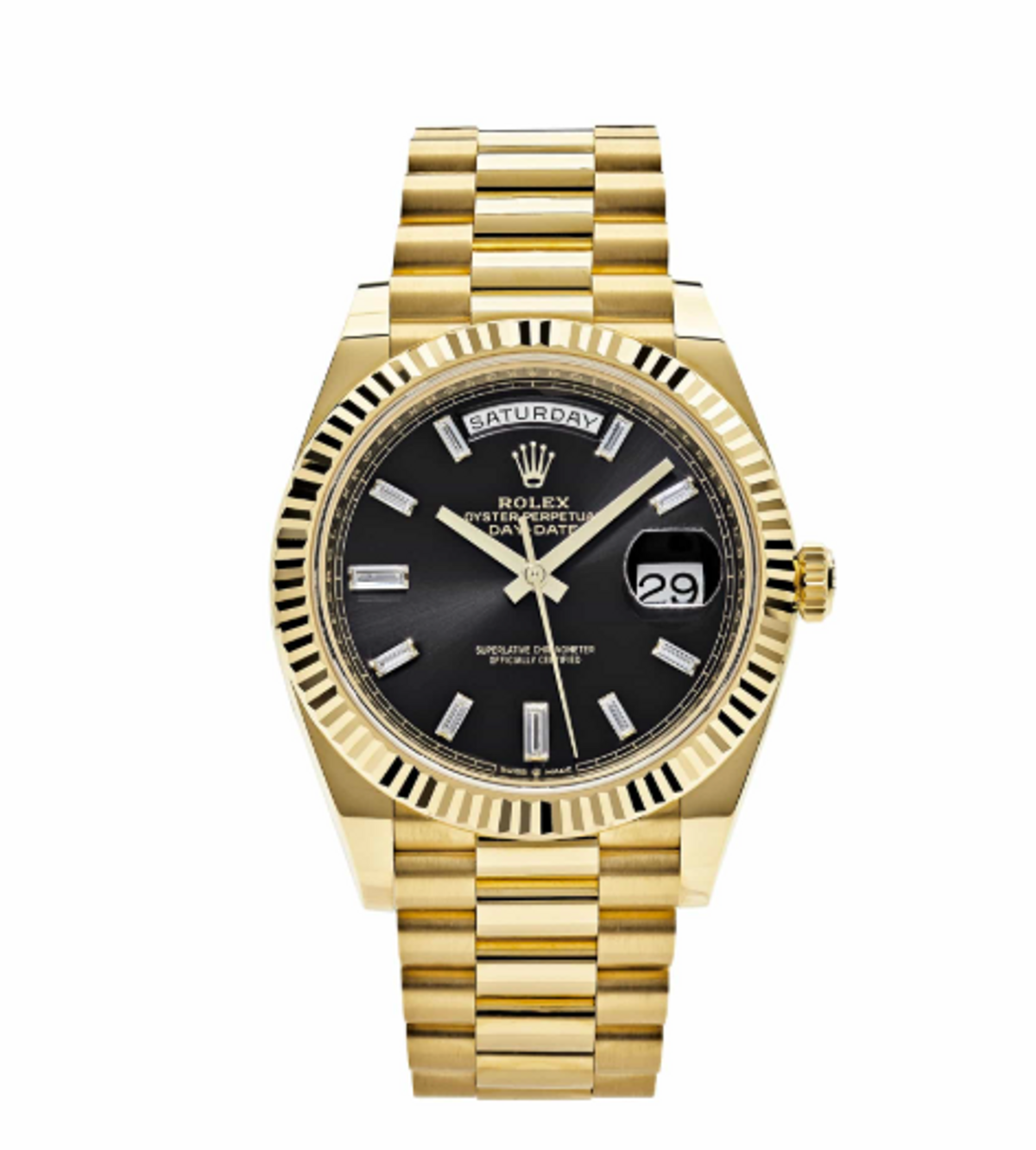Rolex Day-Date 40 228238 Yellow Gold Black Baguette Diamond Dial