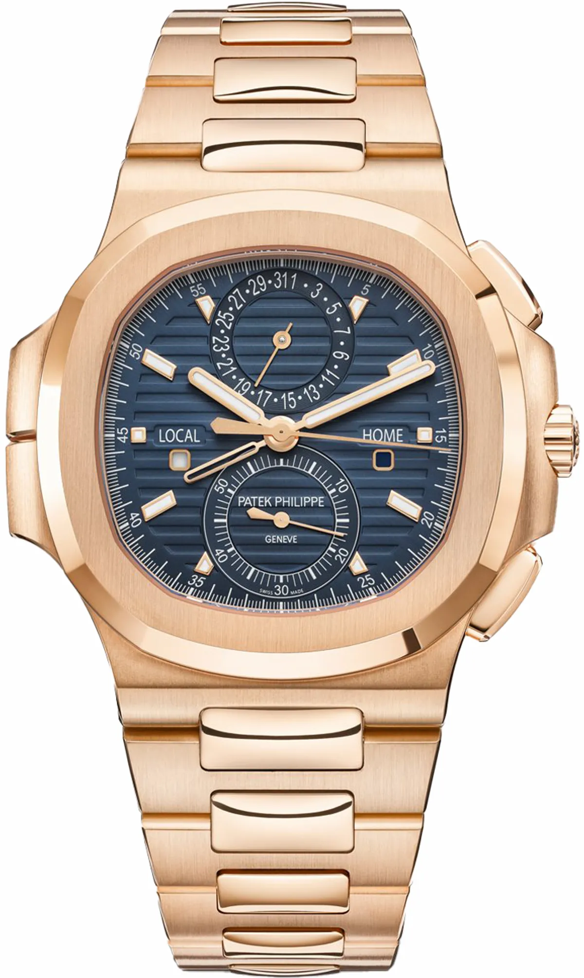 Patek Philippe Nautilus Flyback Chronograph Travel Time Rose Gold Blue Dial 5990/1R-001