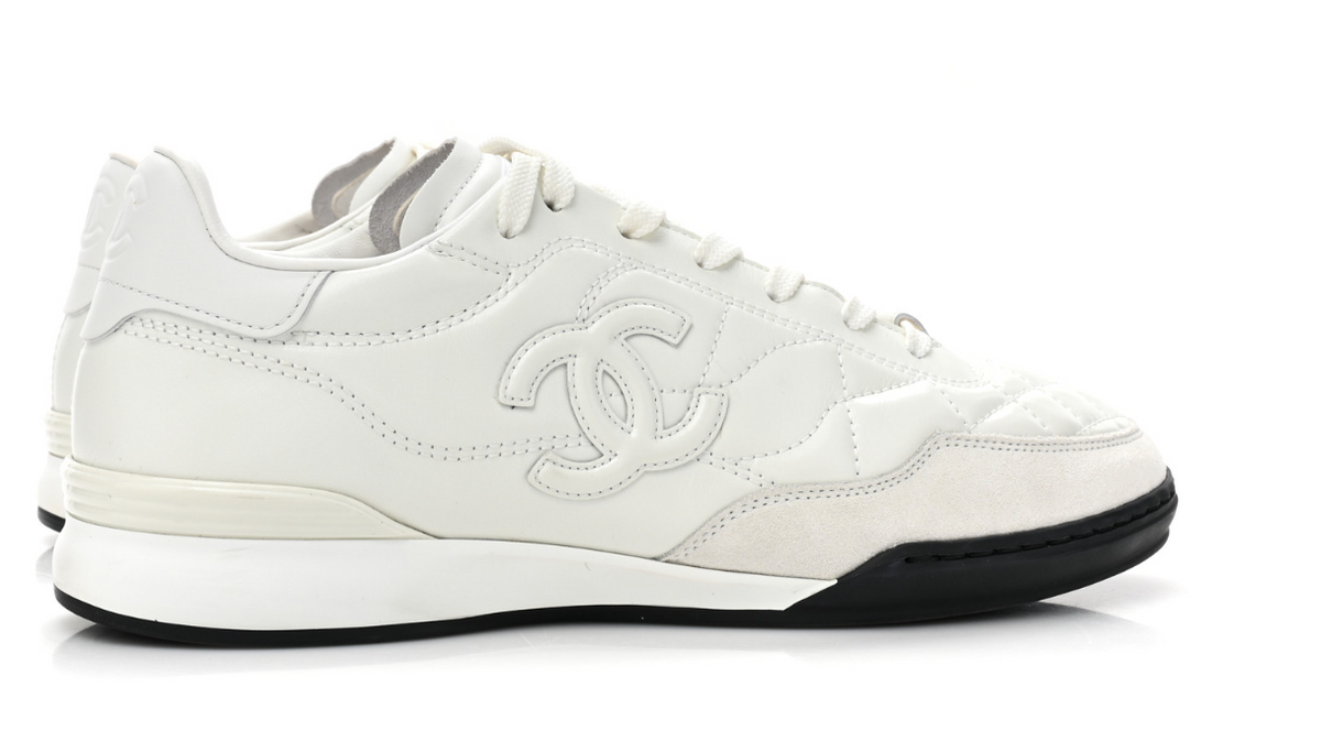 Chanel Shiny Calfskin Suede Quilted CC Logo Sneakers
