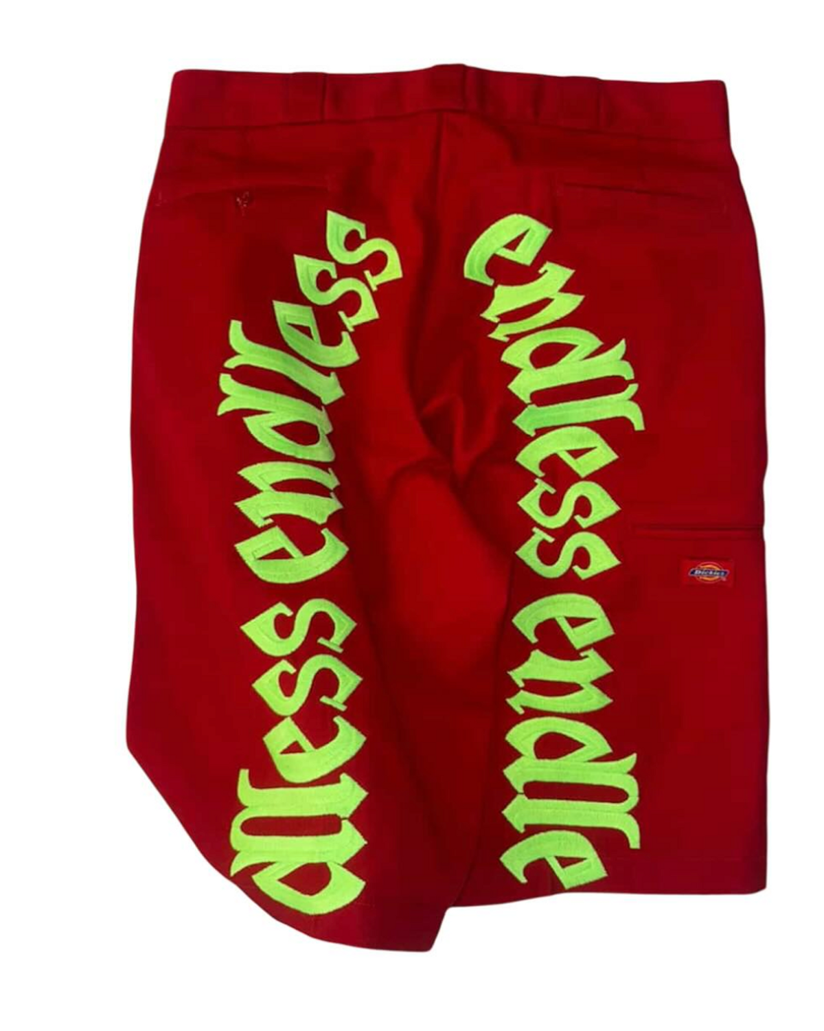 Custom × Endless Denim 1 of 1 Red Dickies Spellout Logo Shorts
