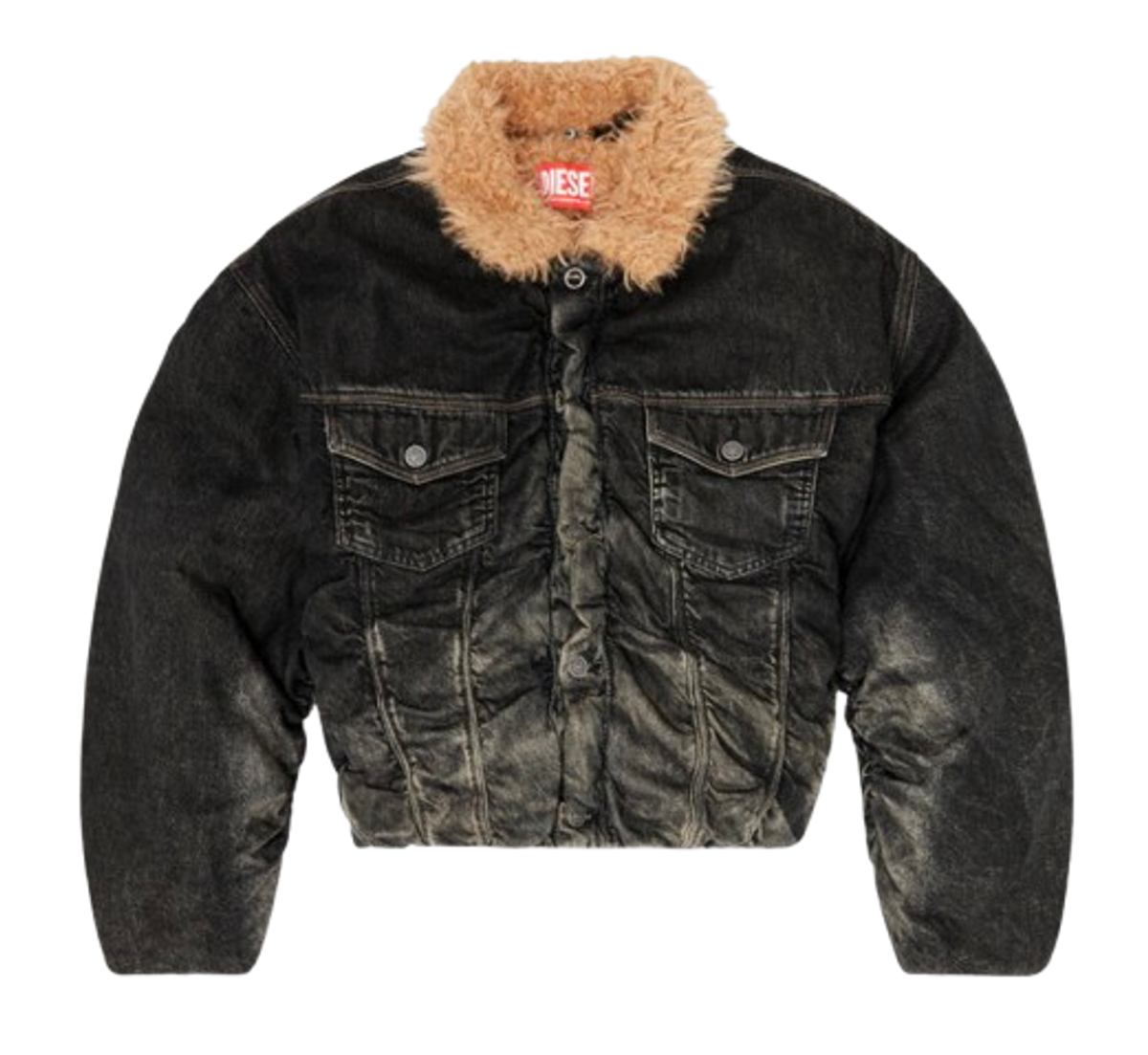 Diesel Teddy-lined trucker jacket in dirty-effect denim
