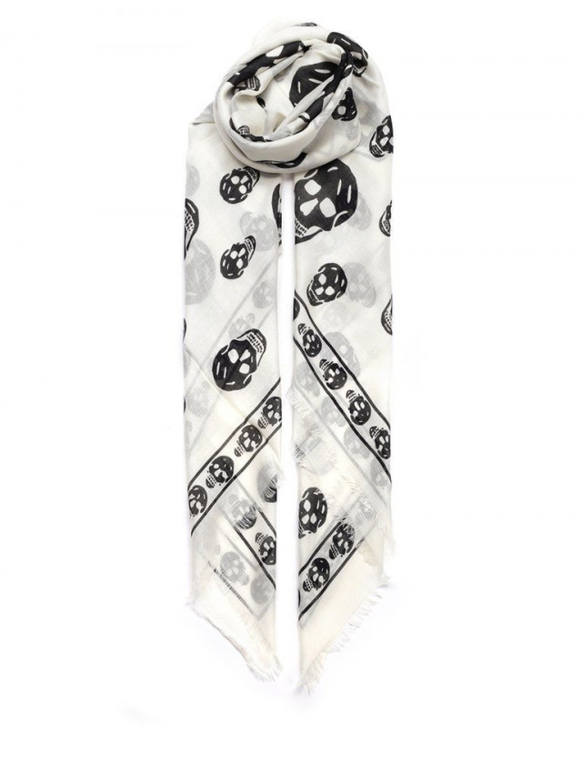 Alexander McQueen Ivory Skull Print Silk Scarf
