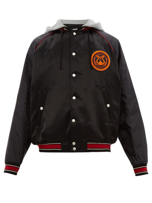 Gucci Logo Patch Satin Bomber Jacket