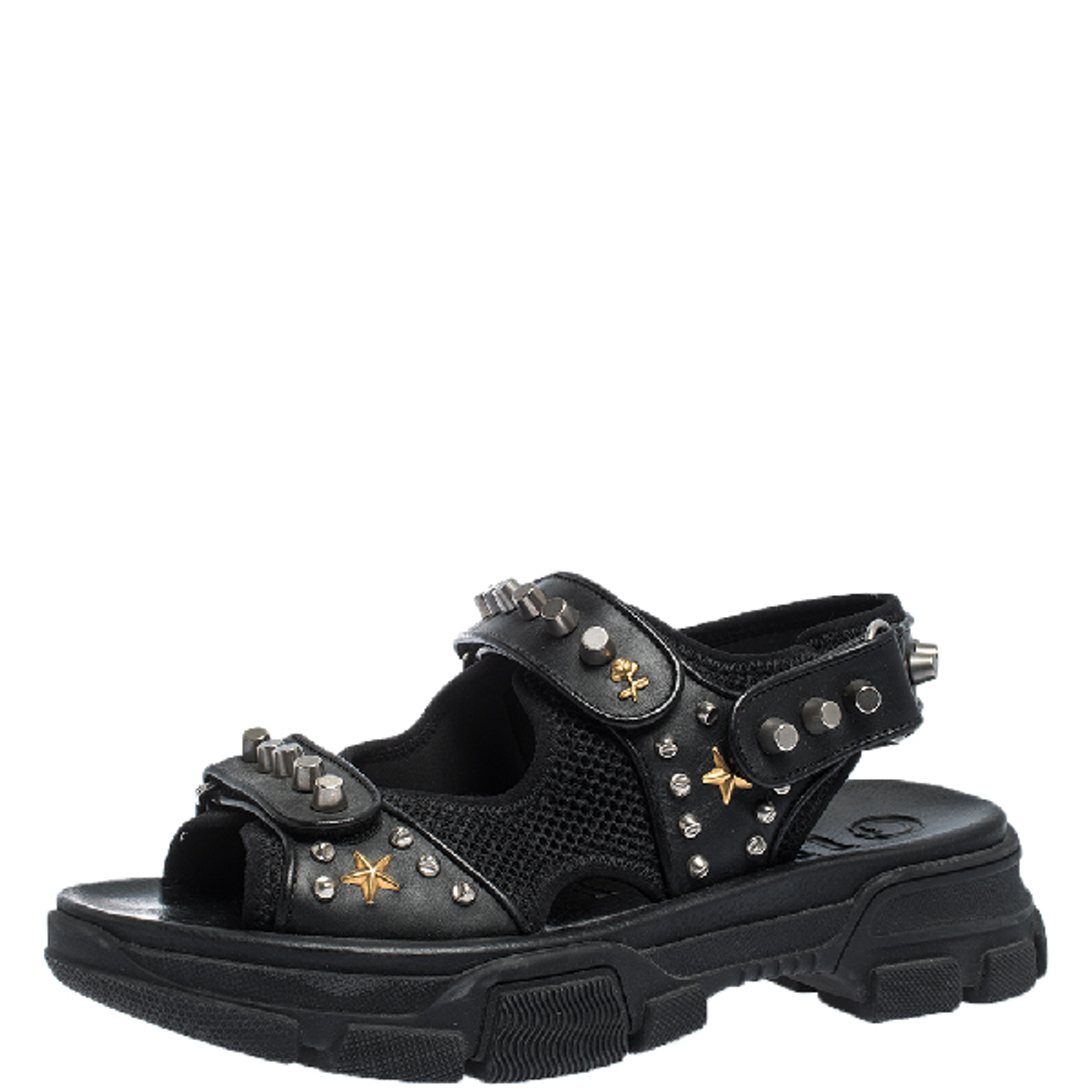 Gucci Black Leather And Mesh Aguru Studded Platform Sandals