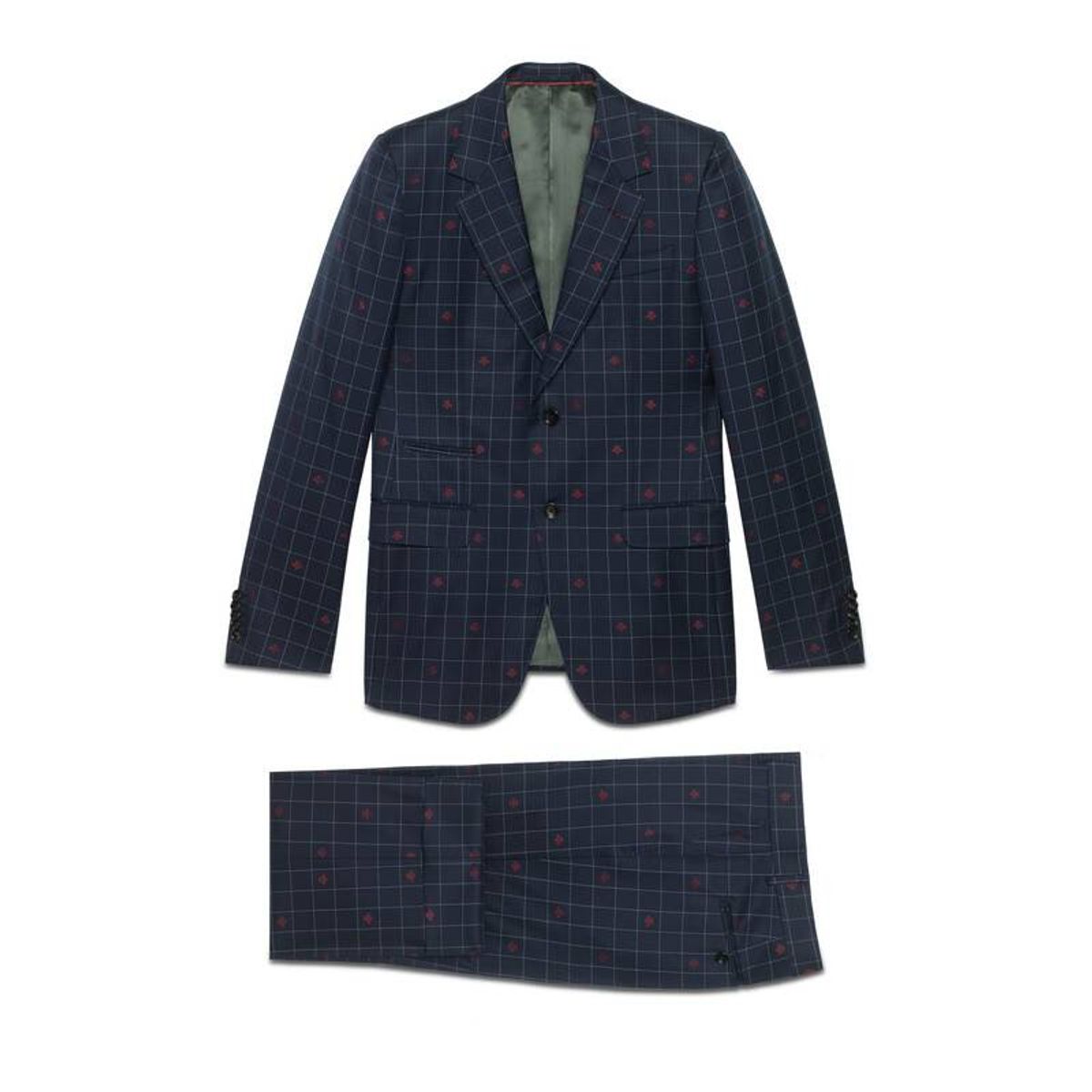 Gucci New Marseille Bees Wool Check Suit In Blue