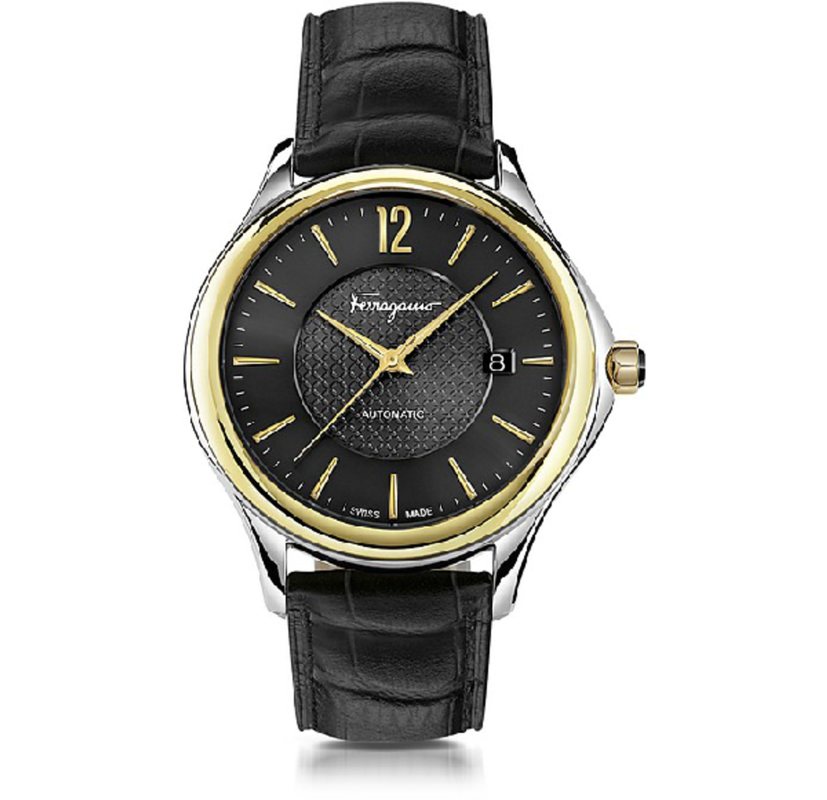 Gucci Ferragamo Time Silver Stainless Steel And Gold Ip Mens Automatic Watch W/black Croco Embossed Strap