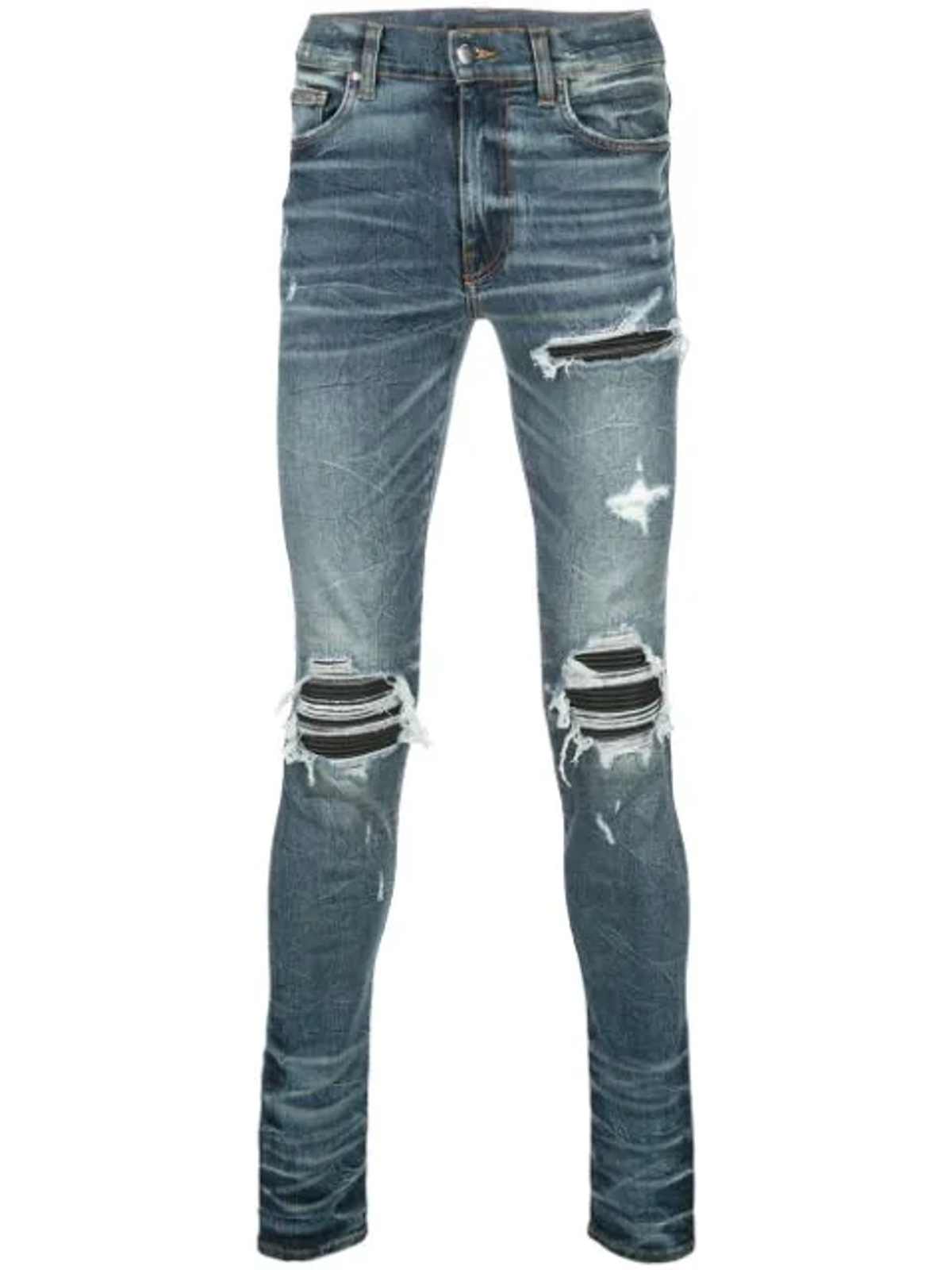 Amiri Mx1 Leather-panel Distressed Skinny-leg Jeans In Blue