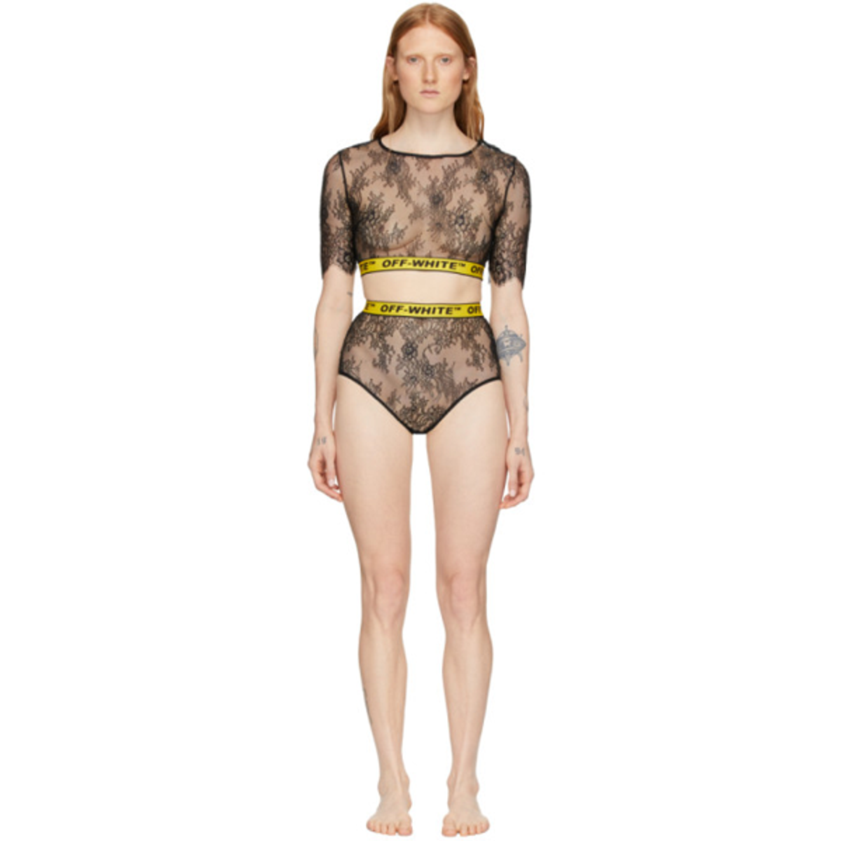 Off-White Off-white Ssense Exclusive Black And Yellow Lace Two-piece Bodysuit In Black/yellow