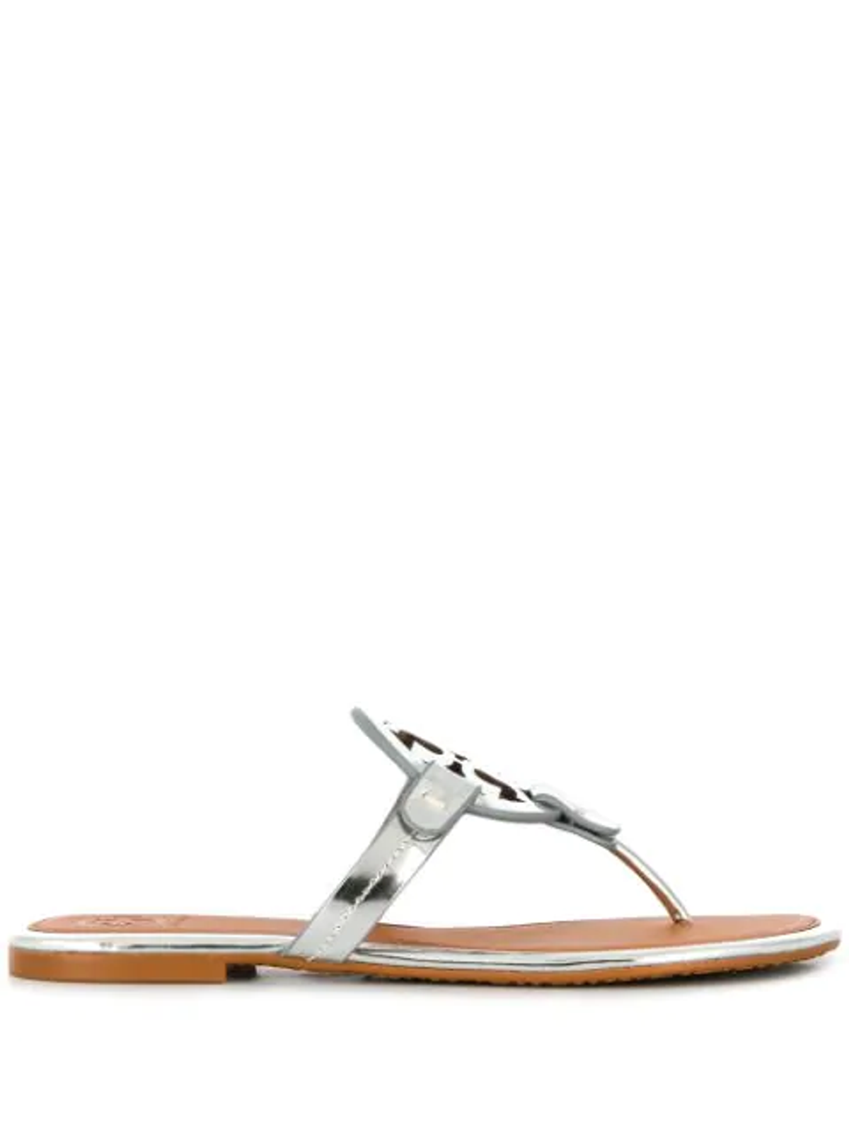 Tory Burch Miller Metal Embellished Metallic Leather Thong Sandals In Silver