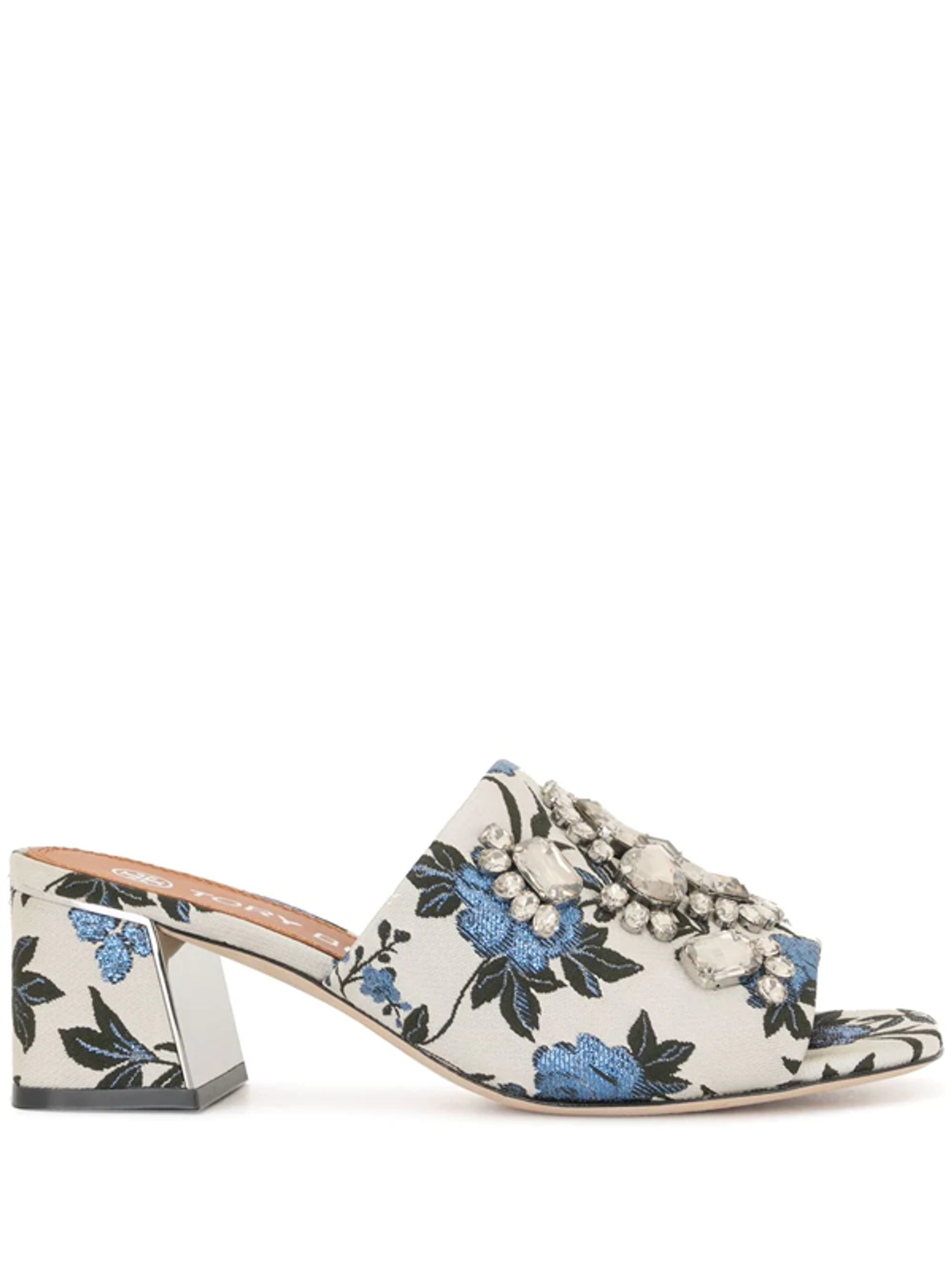 Tory Burch Martine Floral-print Mules In Silver