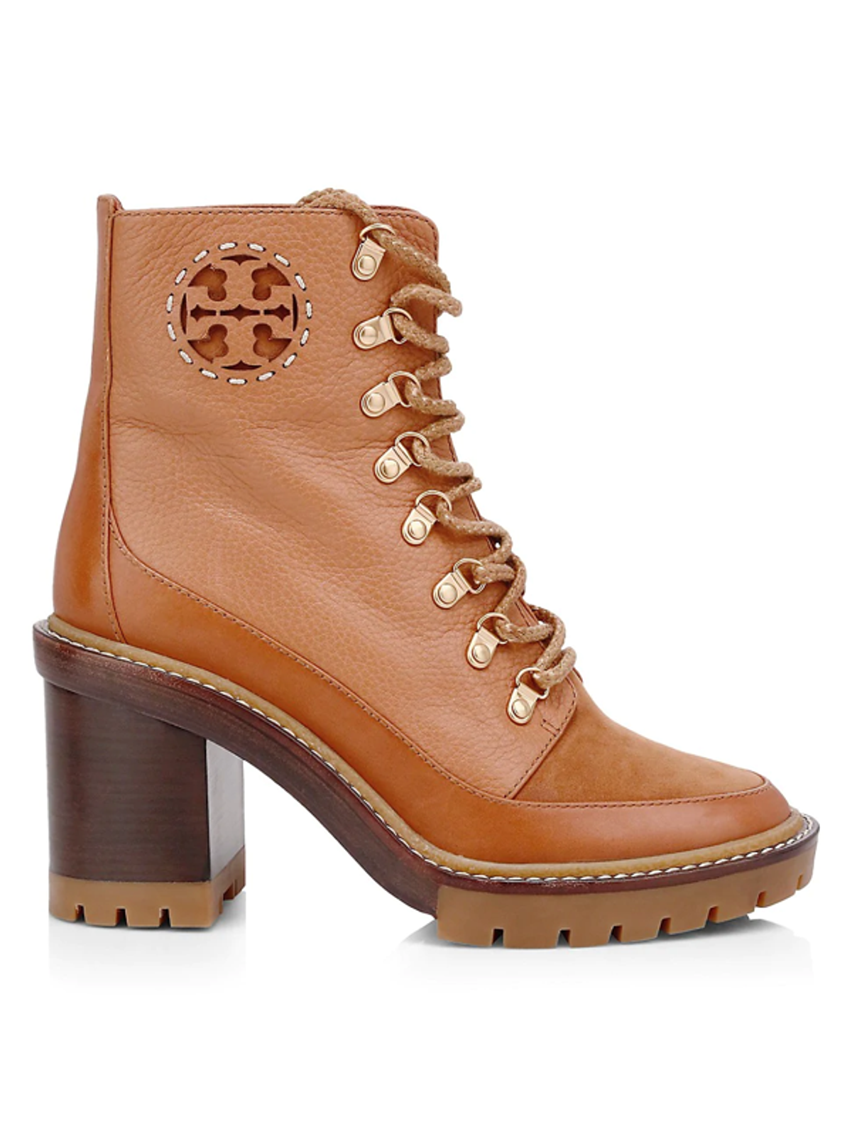 Tory Burch Womens Miller Lug-sole Leather Hiking Boots In Dark Tan / Mid Tan