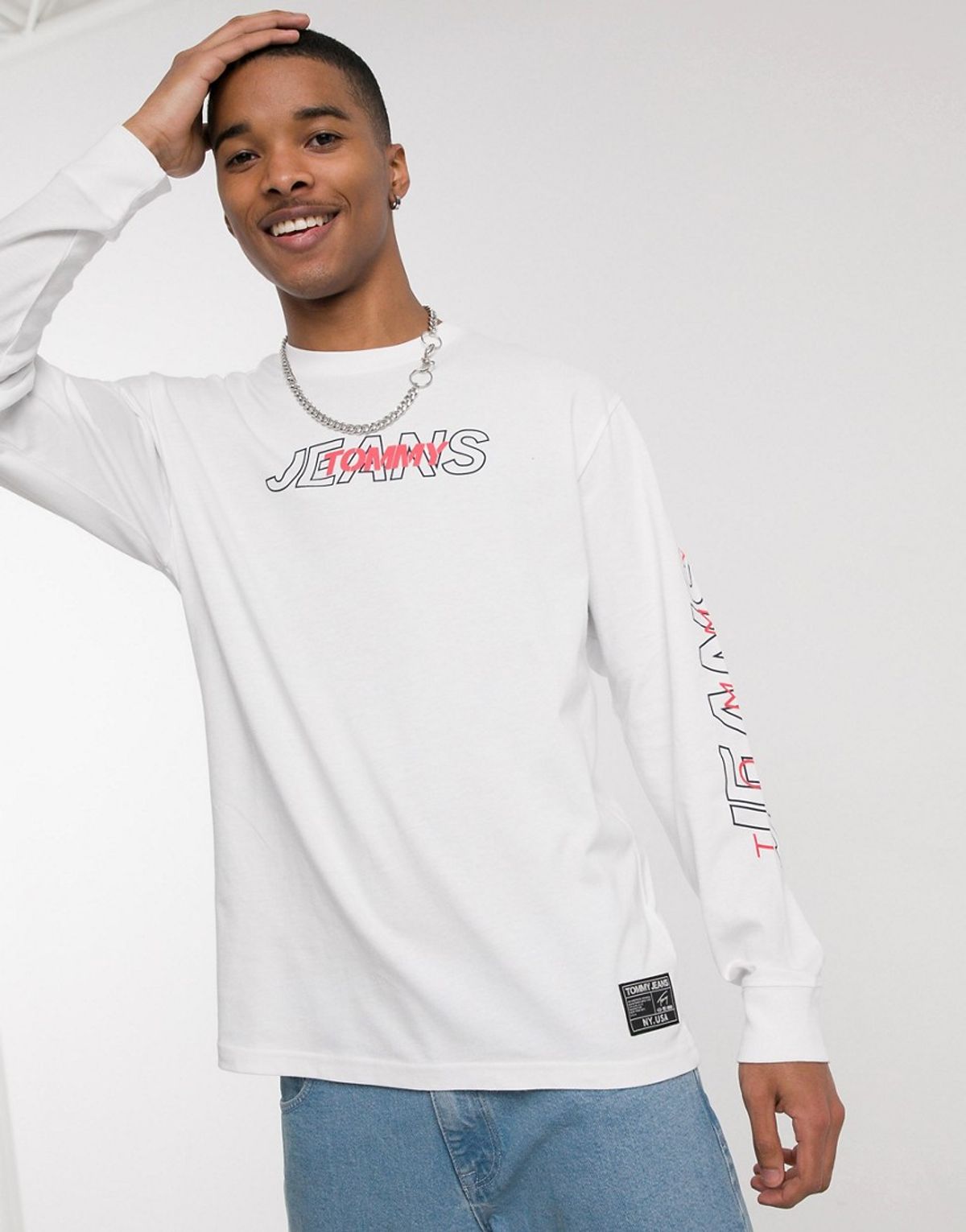 Tommy Jeans Overlap Logo Long Sleeve Top In White