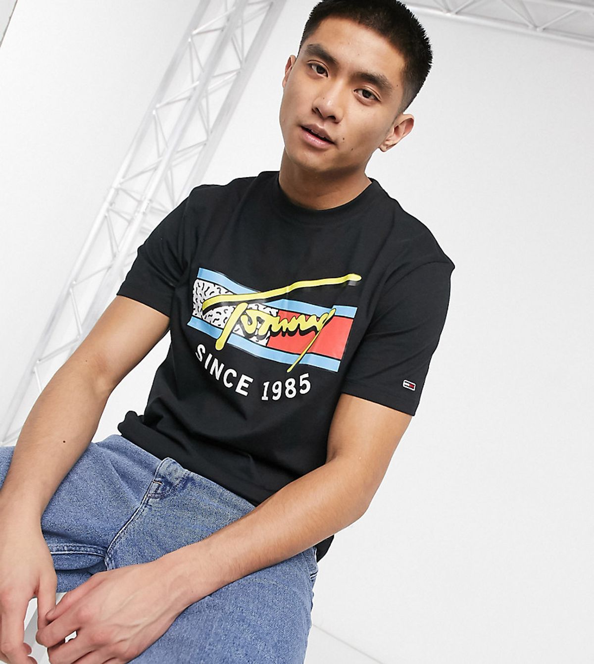 Tommy Jeans Exclusive To Asos T-shirt With Neon Retro Signature Chest Print In Black