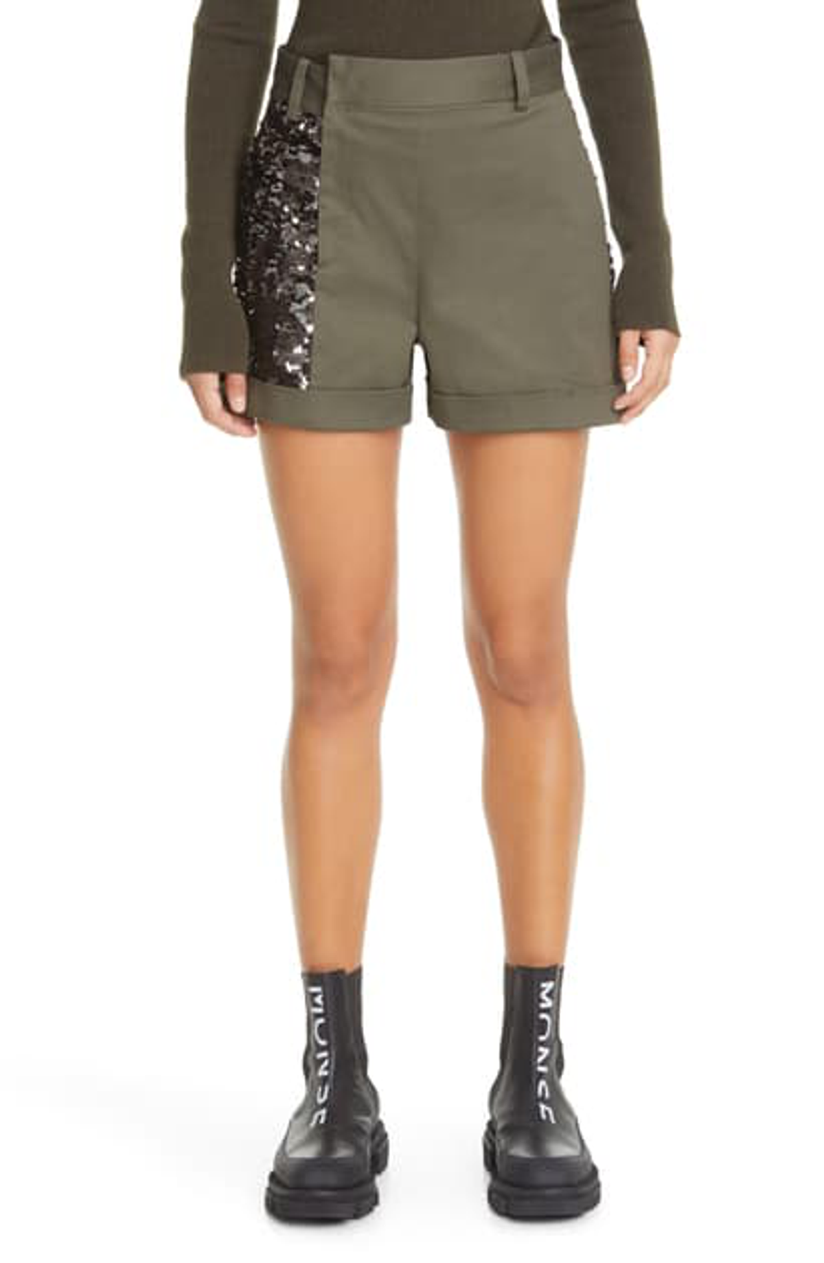 Monse Sequin Stretch Cotton Shorts In Olive