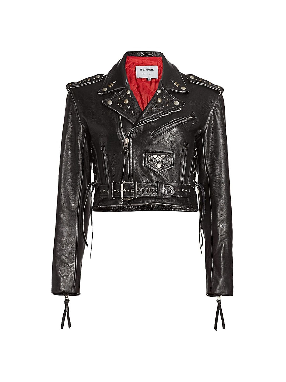 Re/Done Womens Embellished Leather Moto Jacket In Black