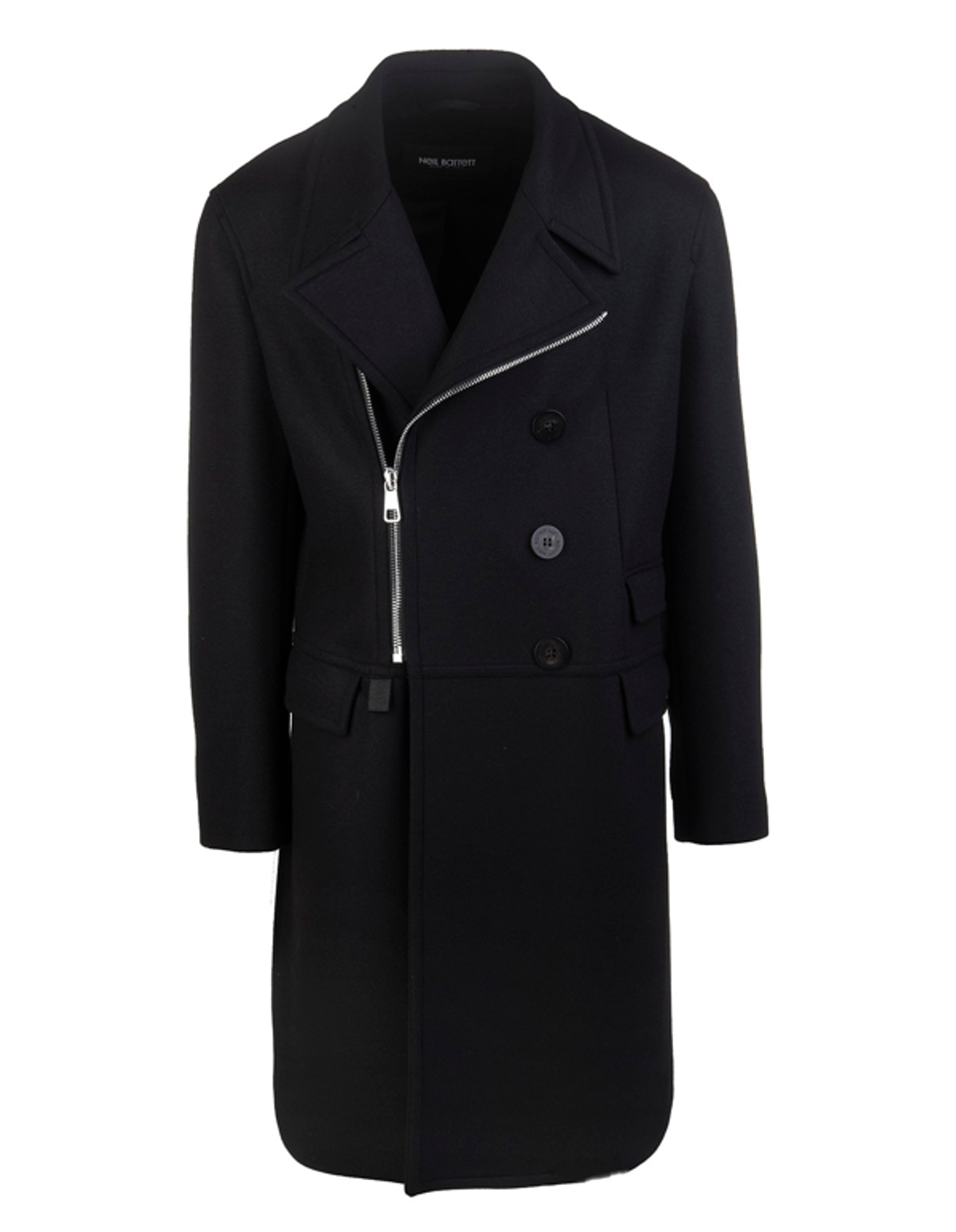 Neil Barrett Man Black Long Coat With Decentralized Zip