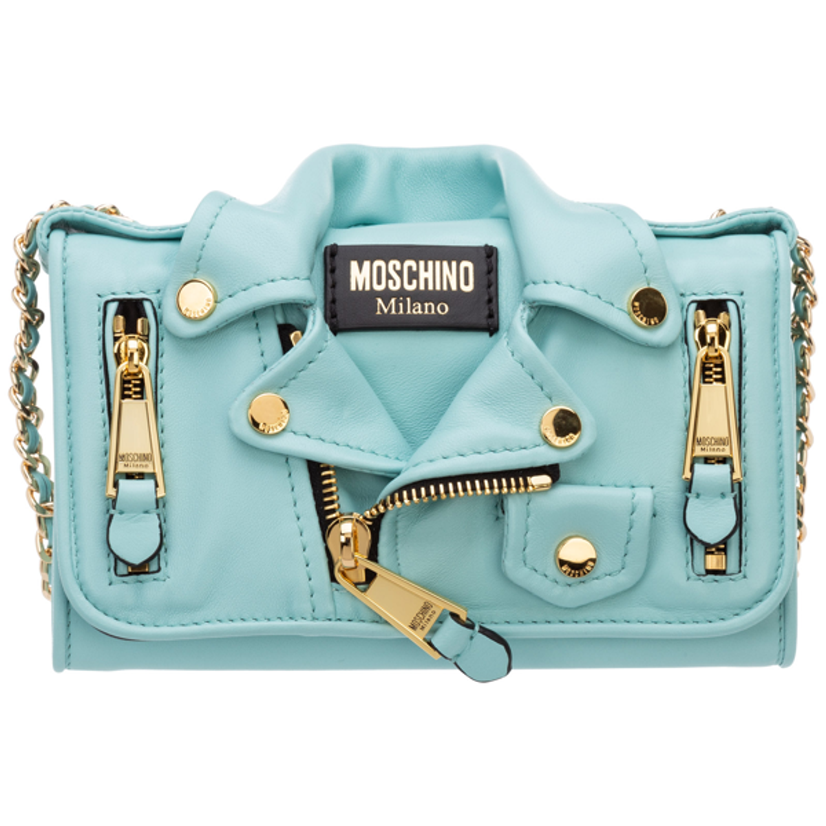 Moschino Womens Wallet Genuine Leather Coin Case Holder Purse Card Biker In Light Blue
