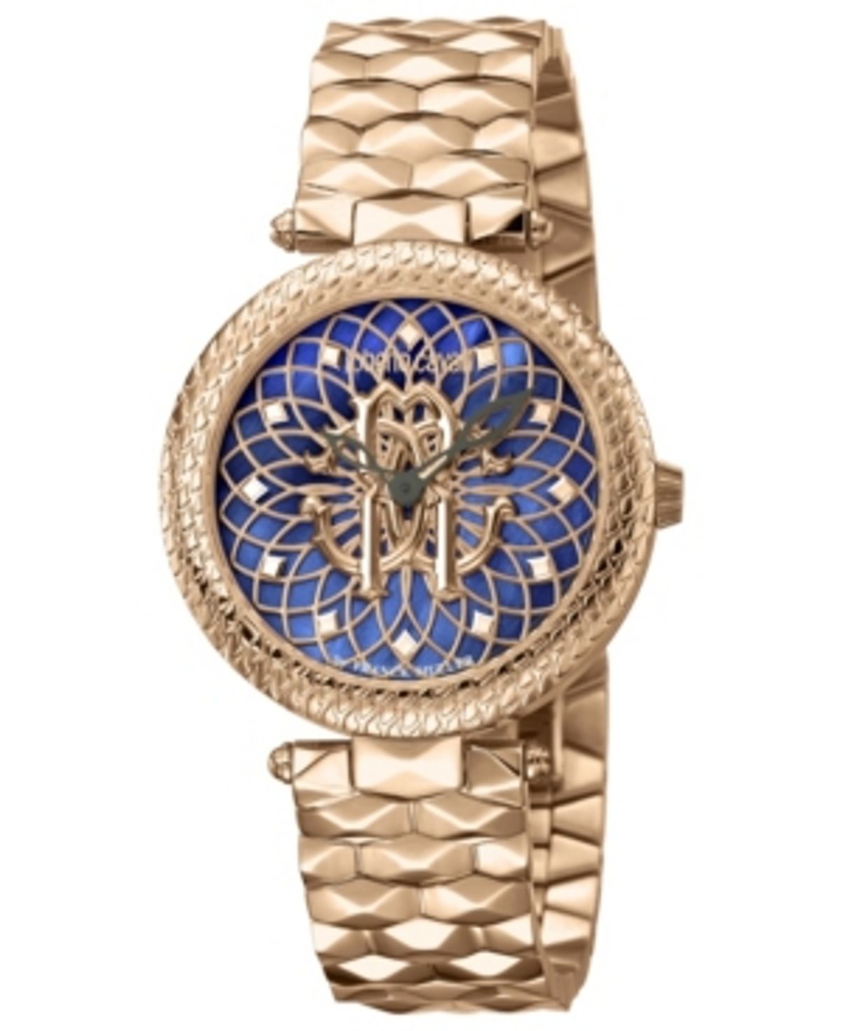 Roberto Cavalli By Franck Muller Womens Swiss Quartz Rose-tone Stainless Steel Bracelet Blue Dial Watch, 34mm In Rose Gold