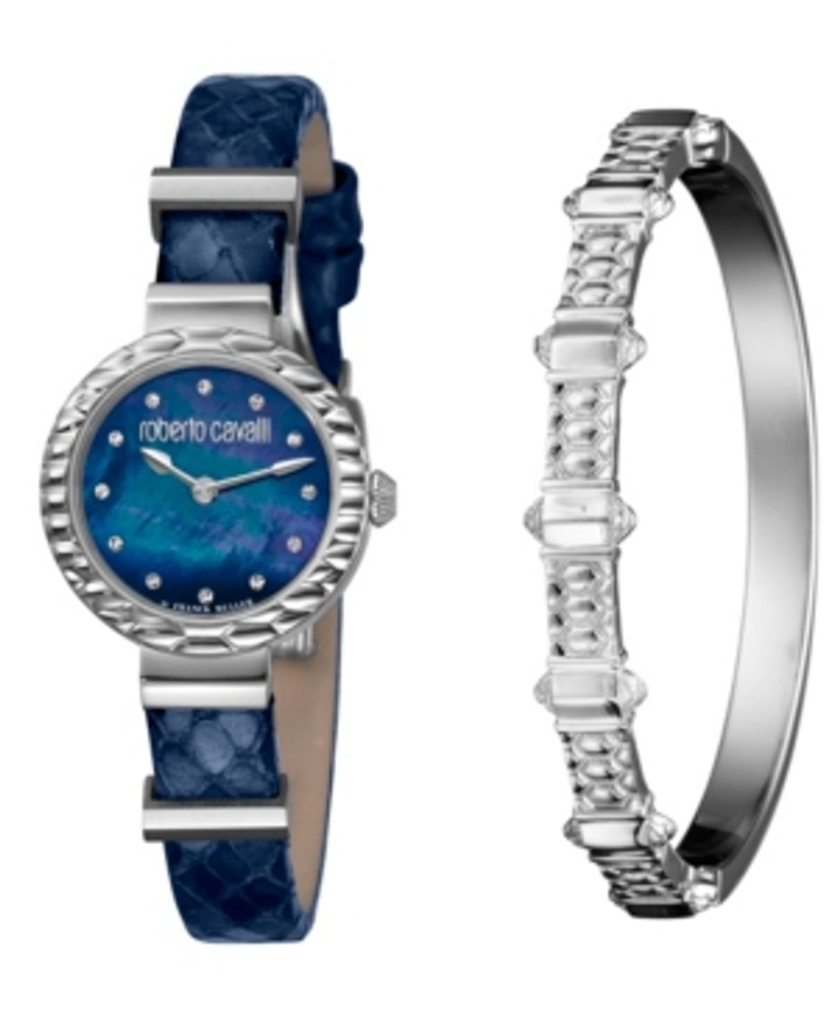 Roberto Cavalli By Franck Muller Womens Diamond Swiss Quartz Blue Leather Strap Watch & Bracelet Gift Set, 26mm