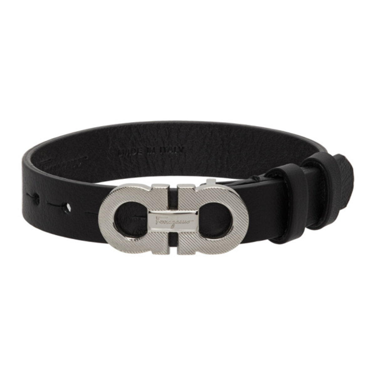 Ferragamo Salvatore Ferragamo Black Engraved Gancini Bracelet In Black + Palladio Lu