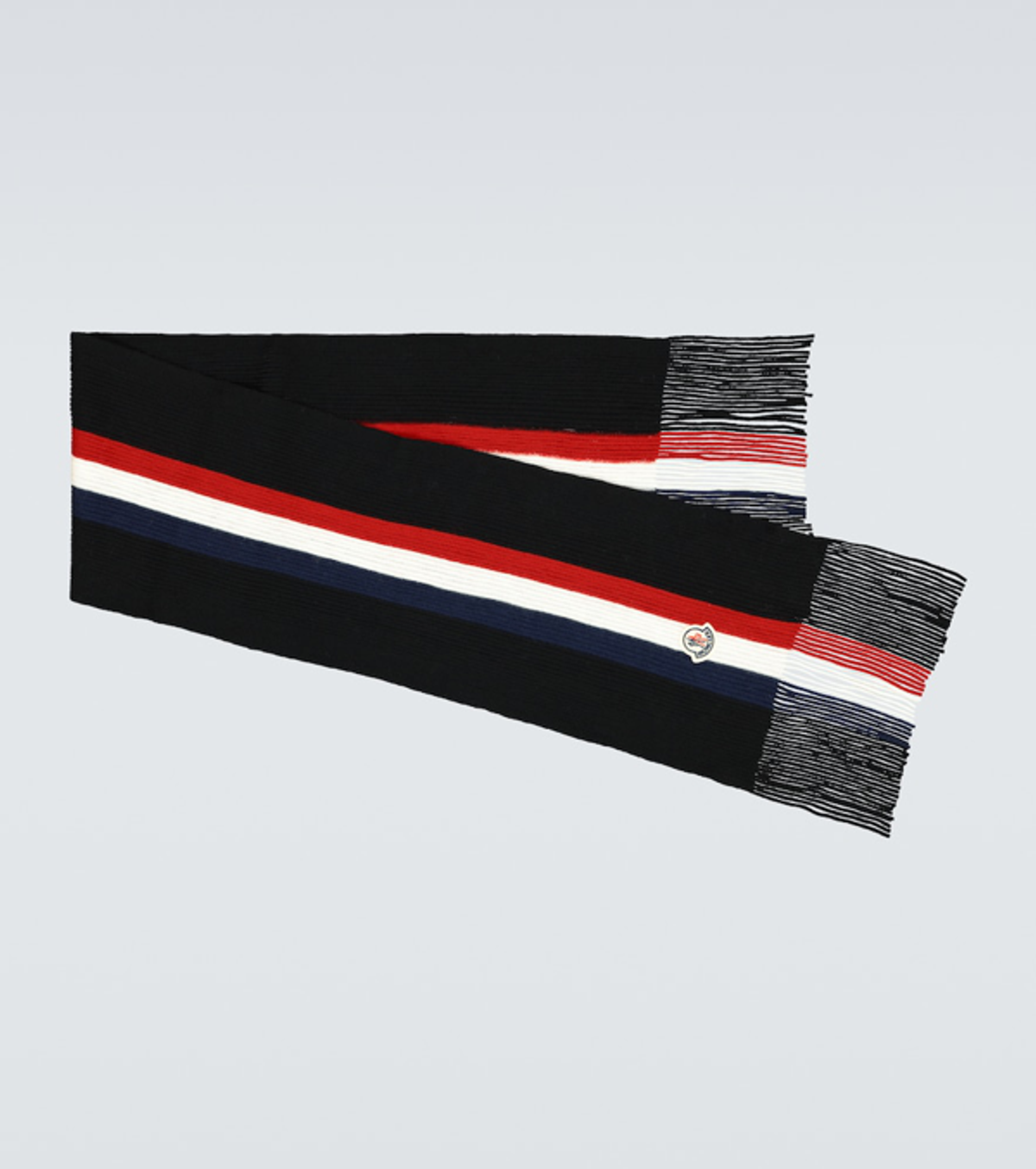 Moncler Fringed Logo-appliquéd Striped Ribbed Virgin Wool Scarf In Black
