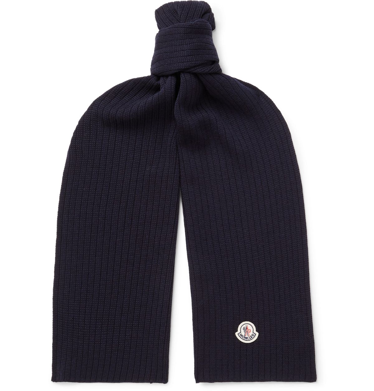 Moncler Logo-appliquéd Ribbed Virgin Wool Scarf In Blue