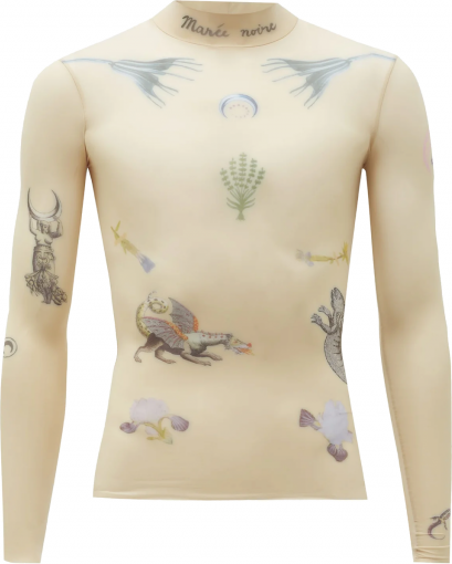 Marine Serre Tattoo-Print Sheer Stretch-Jersey Top