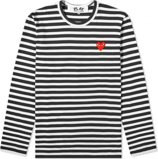 Comme Des Garcons Long Sleeve Heart Logo Stripe T-Shirt | WHAT'S