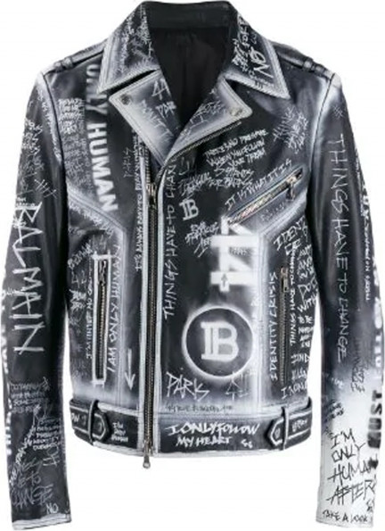 Balmain Graffiti Print Leather Jacket | WHAT'S ON THE STAR?